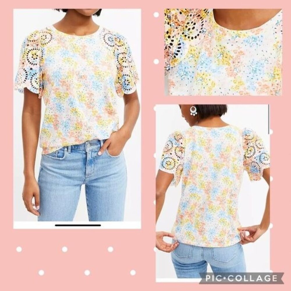 WOMEN LOFT Petite Hydrangea Eyelet Flutter Sleeve Tee 100%Cotton Small